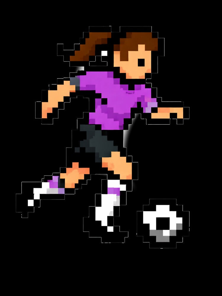 Pixel Female Soccer Player Dribbling – Purple Retro 8-Bit Football Player by Is It Soccer Or Football