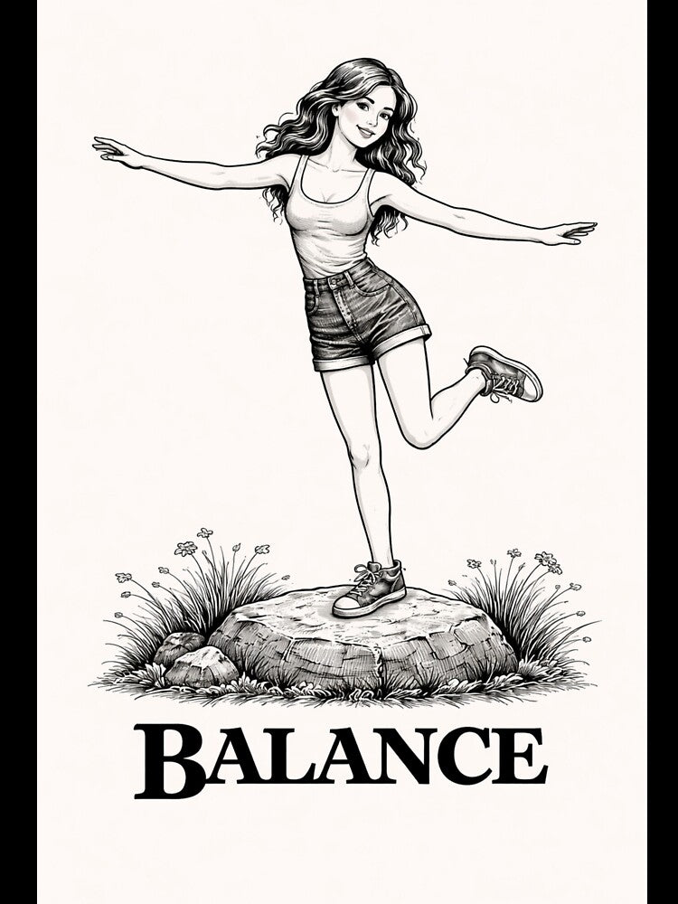 Balance Aesthetic Vintage Girl Black and White Minimalist Retro 70s Graphic Tee Design by VINTAGEPUNTEES