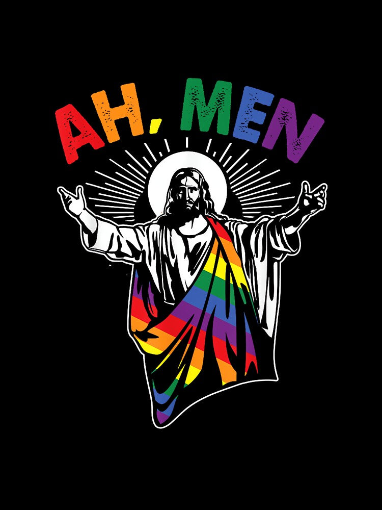 Ah Men Funny LGBT Gay Pride Jesus Rainbow Flag Christian Short Sleeve by LisaMCasares