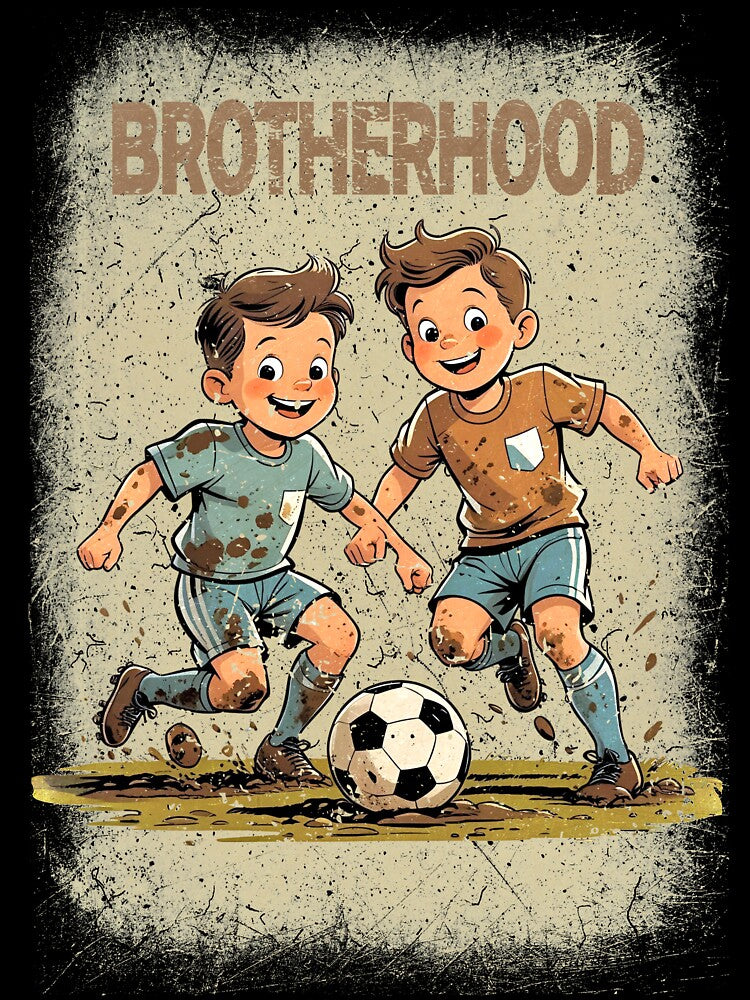 Brotherhood – Muddy Kids Playing Soccer Vintage Illustration by p-frosty-design