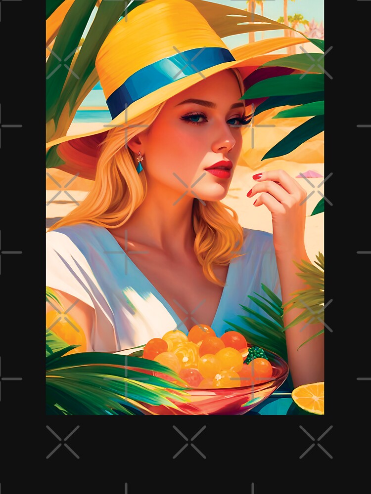 Beautiful Classy Woman In Hat On A Beach With Palm Trees Eating Hot Summer Fruits Stylish Painting by TriniTeeClub