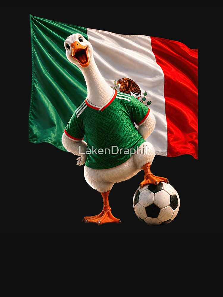 Funny Mexican Football Goose Wearing Green Jersey Scccer Ball Flag Art by LakenDraphil