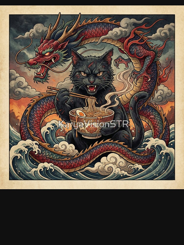 Feral Ramen Cat – Majestic Dragon Ukiyo-e Art by KaryaVisionSTR