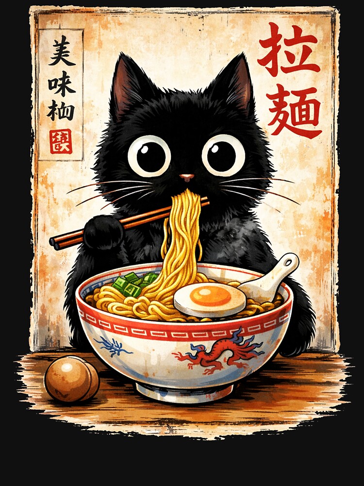 Kawaii Ramen Cat Retro Japanese Noodles Artwork by Kladhadredo
