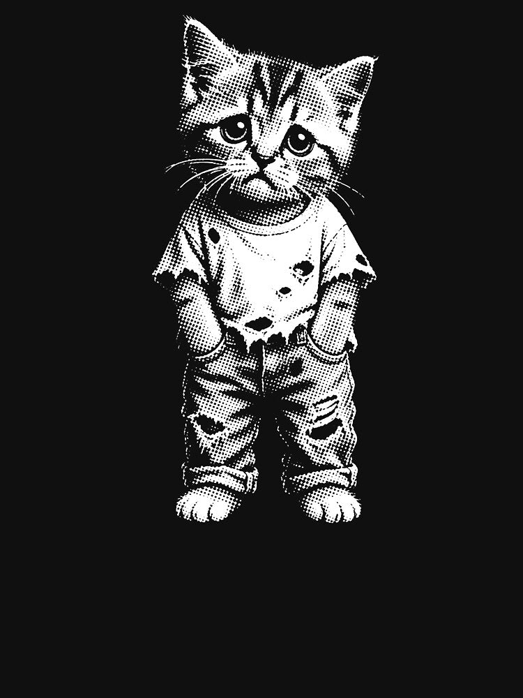 Cute Grunge Kitten in Oversized T-Shirt – Black & White Halftone Cat Aesthetic by PosiMCreations