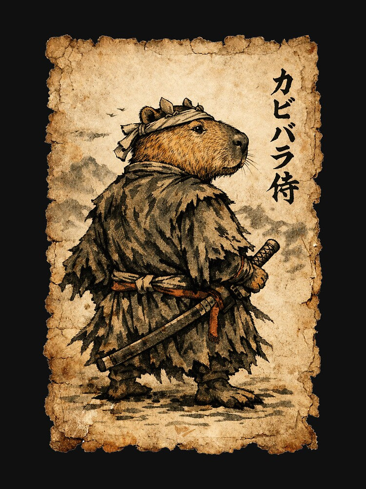 Retro Vintage Japanese ink art, samurai Capybara illustration by jolihanot