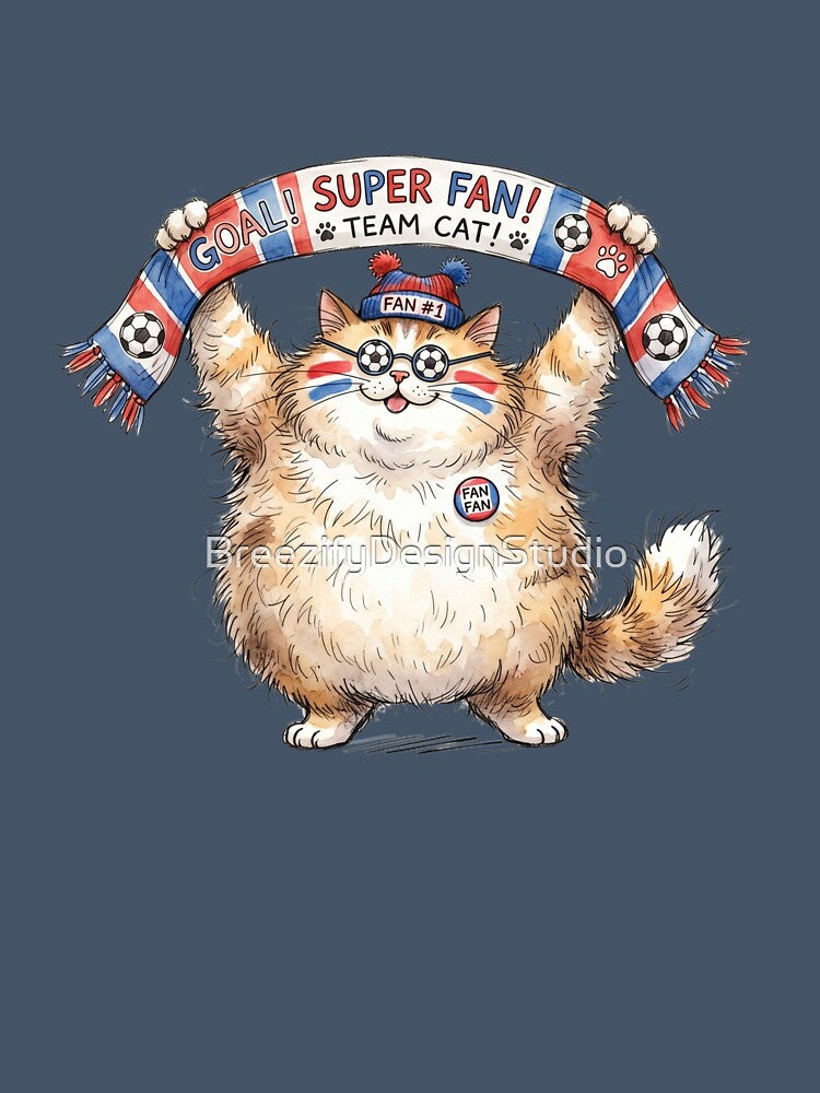 Funny Fluffy Cat Soccer Super Fan holding Goal Scarf Art by BreezifyDesignStudio