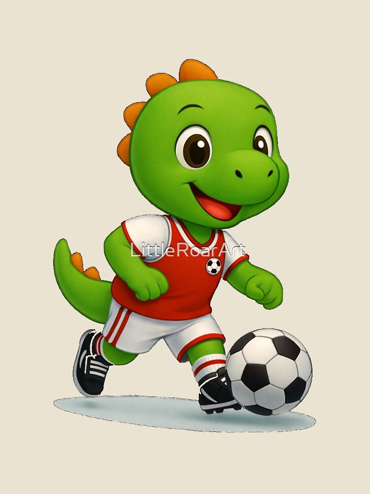 Happy Green Dino Kicking a Soccer Ball | Cute Cartoon Dino Kids T-Shirt for Little Athletes by LittleRoarArt