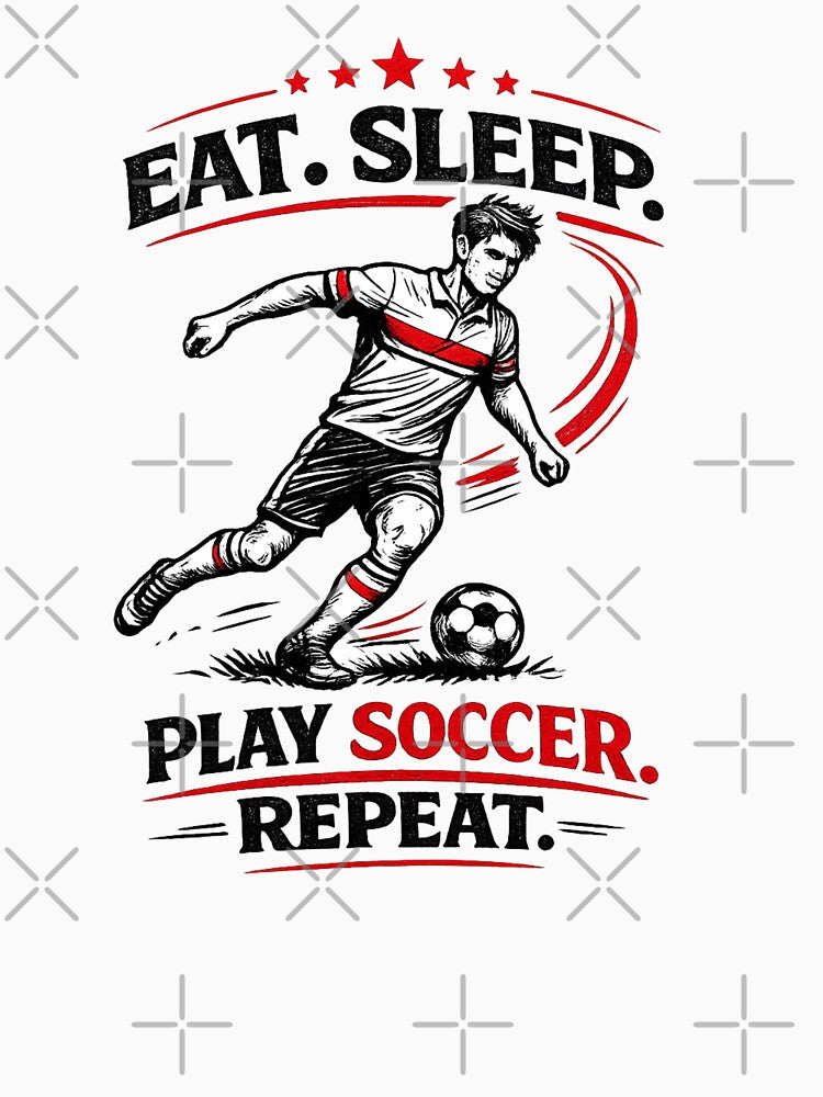 Eat Sleep Play Soccer Repeat – Retro Football Player Line Art (Black & Red) by Cleora Art