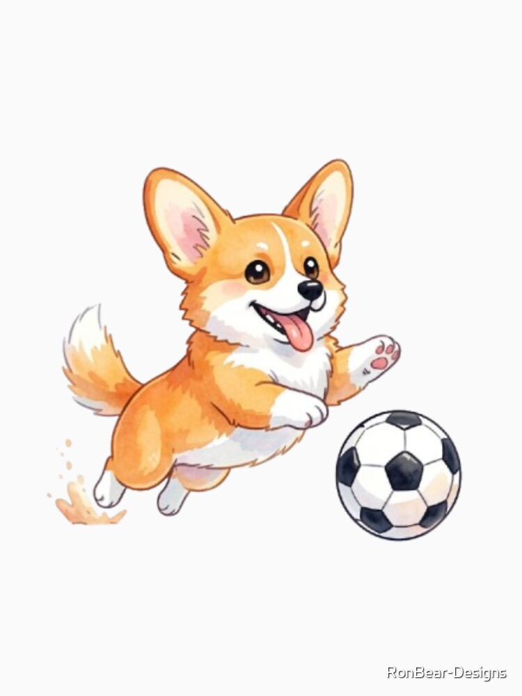 Cute Corgi Puppy Playing Soccer Watercolor Illustration by RonBear-Designs