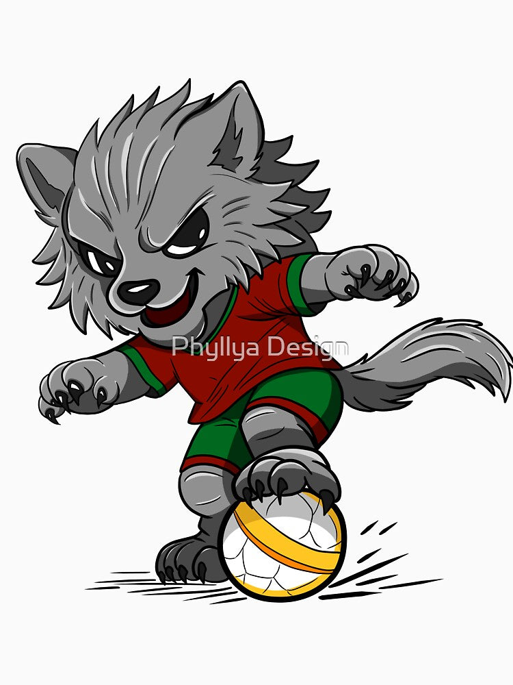 Cute Wolf Playing Football Cartoon by Phyllya Design