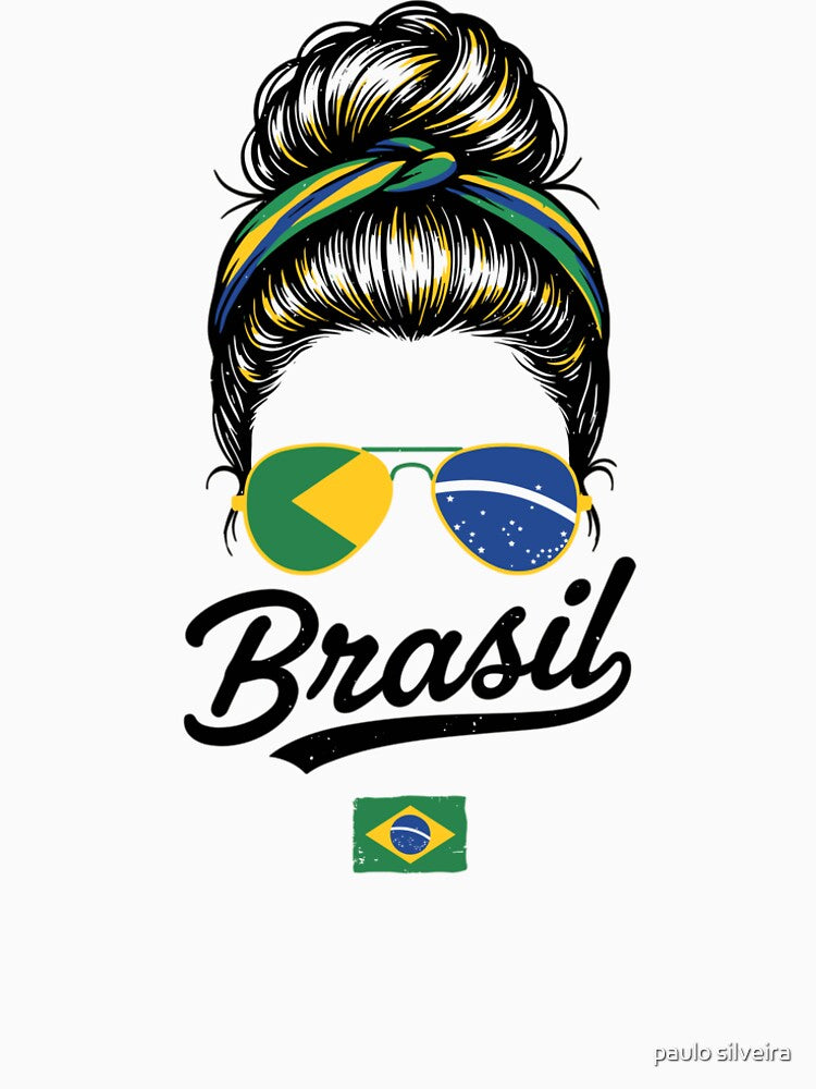 Brazil Pop Art Woman T-Shirt – Vintage Woodcut Brazilian Flag Sunglasses Graphic for Proud Brazil Supporters by paulo silveira