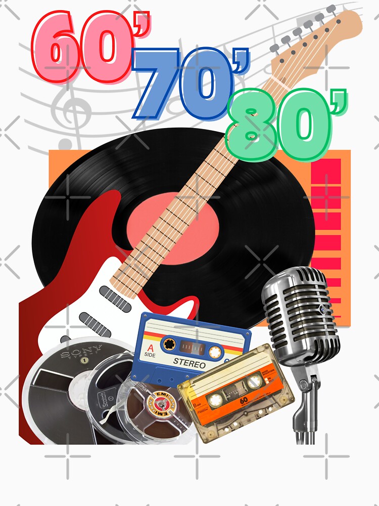 60's 70's 80's music | Guitar, vinyl record, magnetophone tape, compact cassette and microphone | Classic T-Shirt by PERIferyART