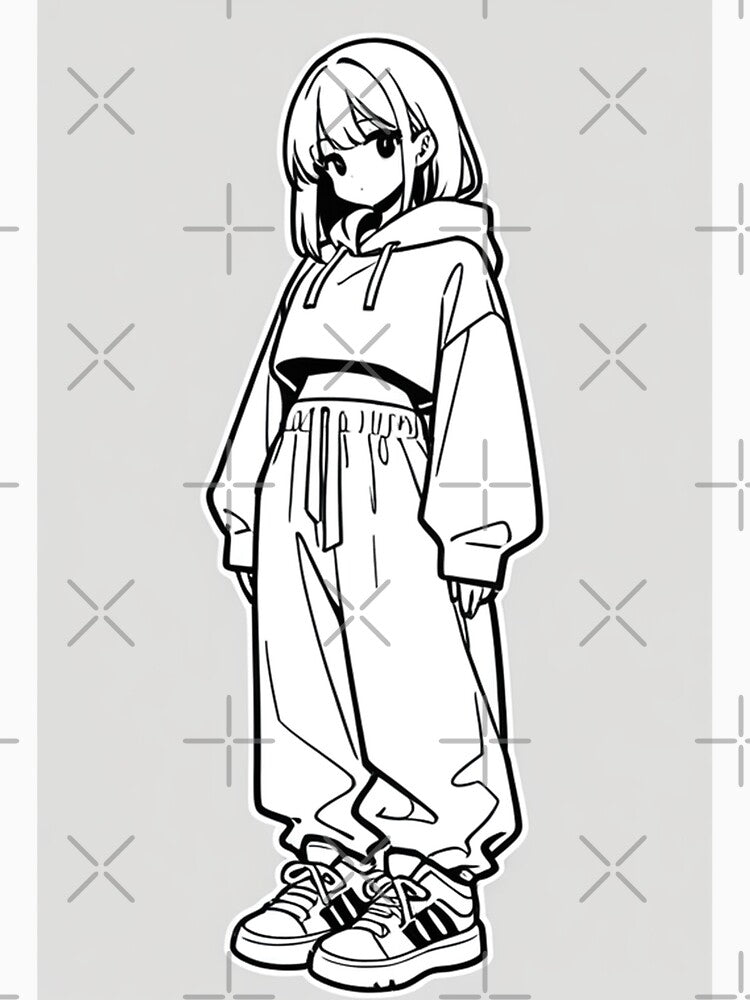Fashion - Girl in White Crop Hoodie Baggy Pants Striped Sneakers by AnimeShin