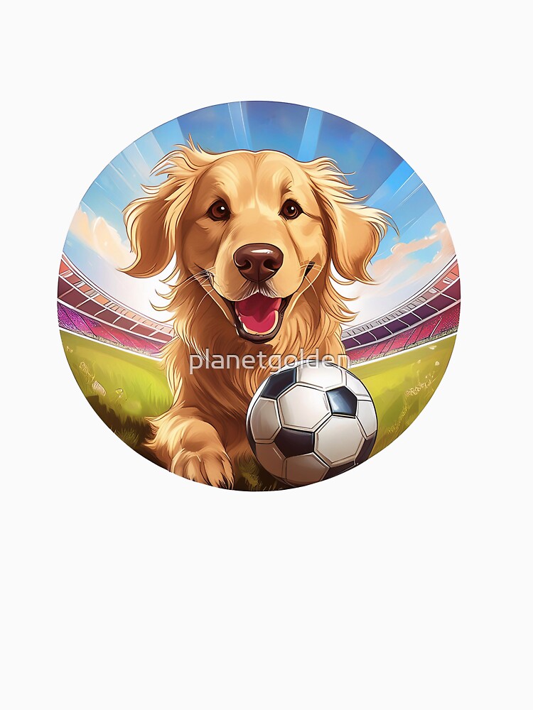 circular happy golden retriever puppy with soccer football on field by planetgolden