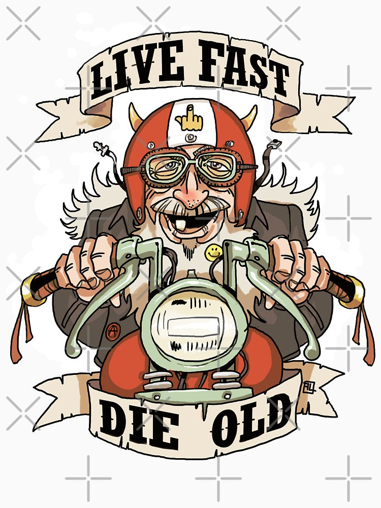 Live Fast, die Old - Old biker caricature by L'atelier de Grôchat
