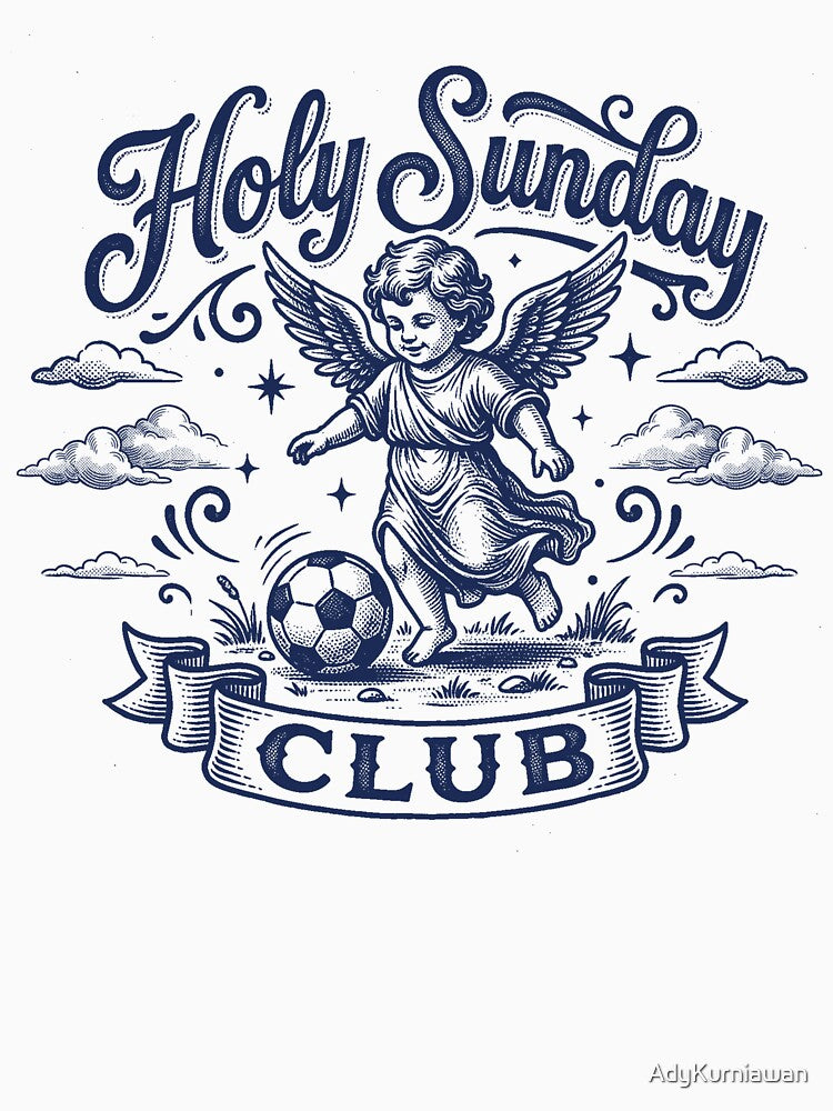 Holy Sunday Club Angel Playing Soccer Vintage Engraving by AdyKurniawan