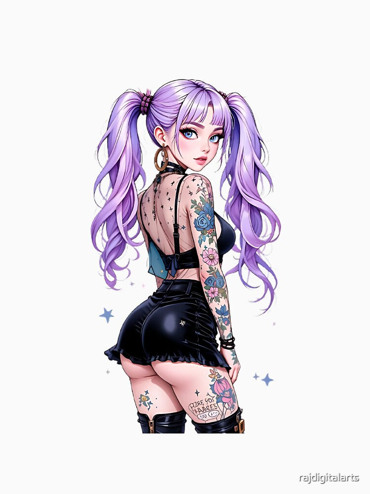 Tattooed Emo Girl with Star Back Tattoos and Gold Hoops by rajdigitalarts