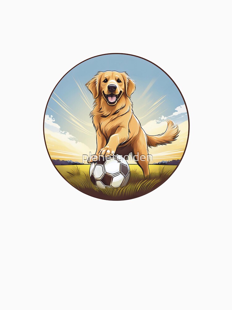 happy golden retriever dog with paws on soccer ball by planetgolden