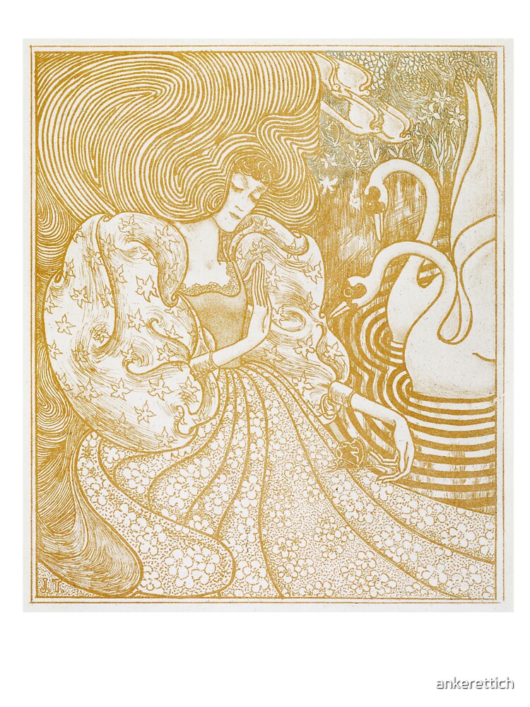 Woman with a Butterfly at a Pond with Two Swans (1894) by Jan Toorop. by ankerettich