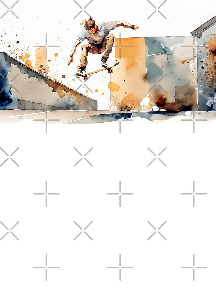 Skater mid-air against a vibrant cityscape, depicted in dynamic watercolor strokes by homydesign