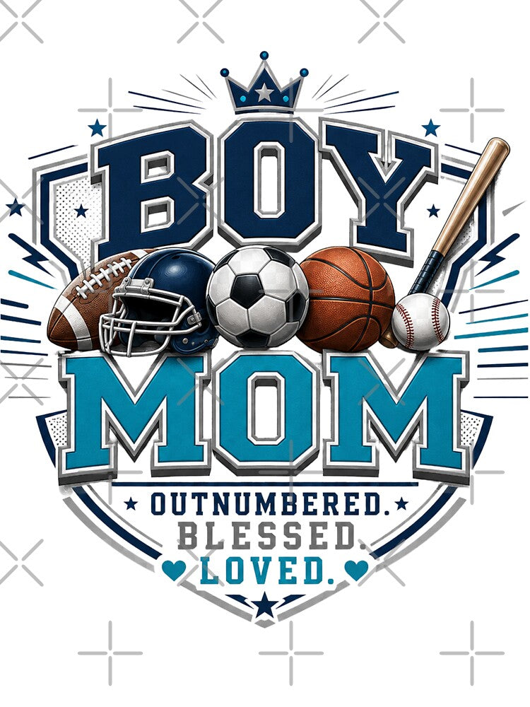 Boy Mom Outnumbered Blessed Loved | Sports Mom Football Baseball Basketball Soccer Design by Divine Boutique