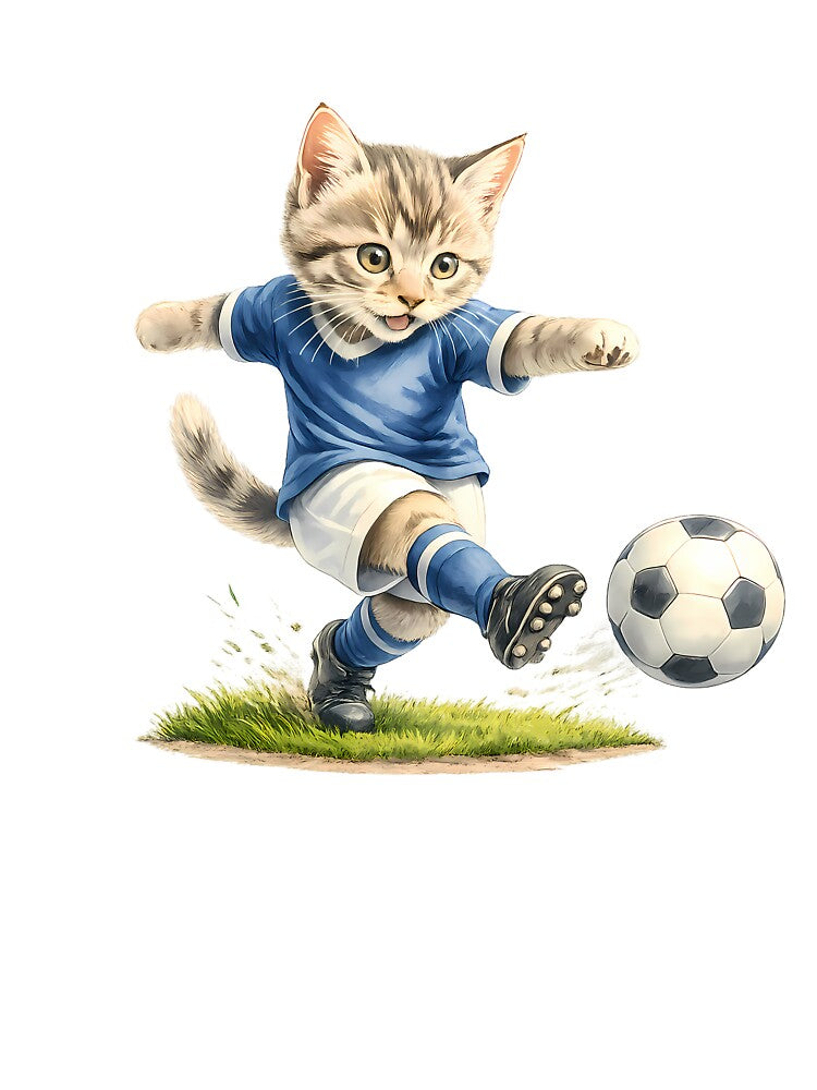 Blue Soccer Tabby Cat T-Shirt – Football Kick Illustration (Crisp Grass Edge) by XingXingJia