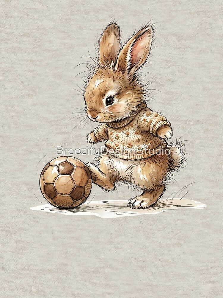 Cute Watercolor Bunny Rabbit Kicking Soccer Ball Art by BreezifyDesignStudio