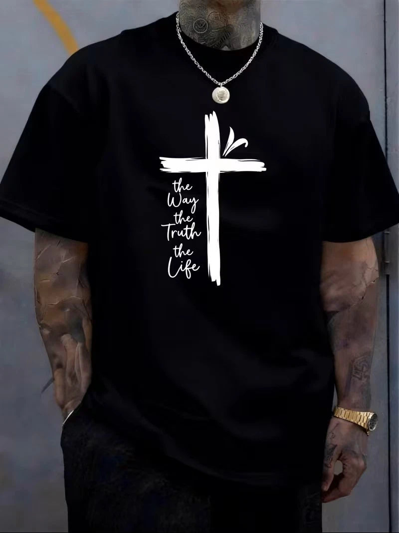 Way Truth Life Christian T-Shirt Jesus Cross Bible Verse Religious Tee Men Top