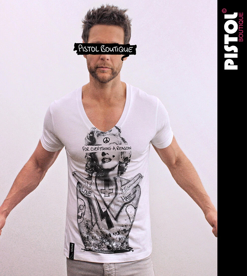 Pistol Boutique Men's Fitted White Deep V neck MARILYN MONROE SKULL FEAR T-shirt