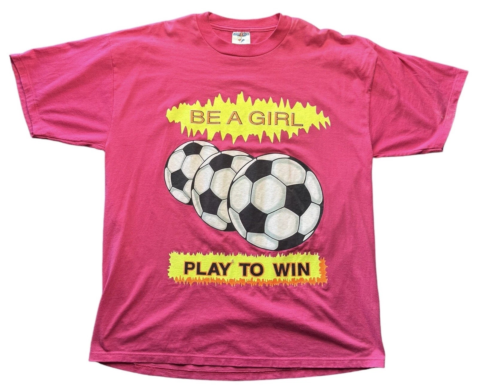 Vintage Be A Girl Play To Win Soccer T-Shirt Size XL Pink 90’s