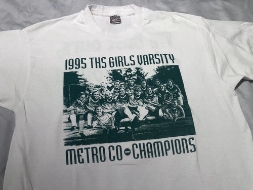 1995 Vintage 90s Varsity Girls Soccer Champions T-Shirt, White Fruit Of Loom L