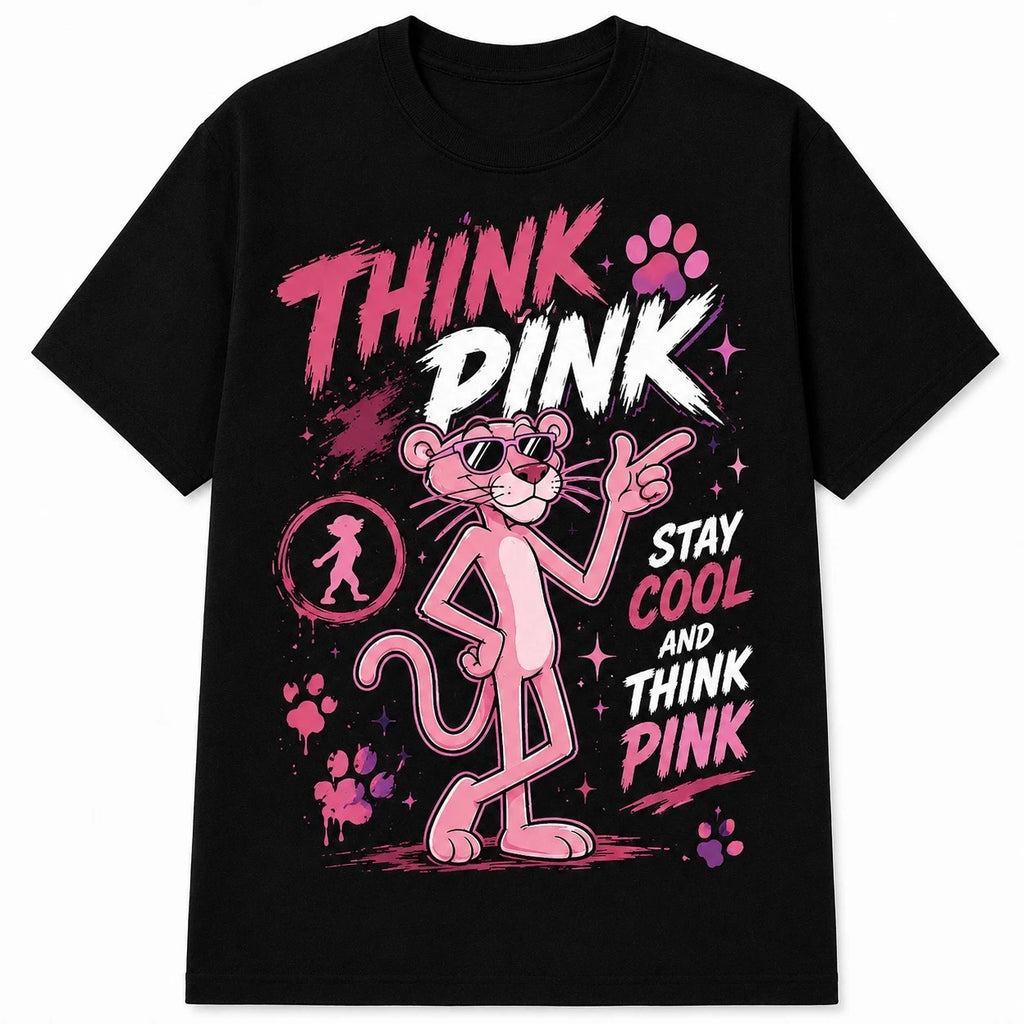 Think Pink Graphic T-Shirt - Urban Streetwear Cool Cartoon Tee Black Cotton Top