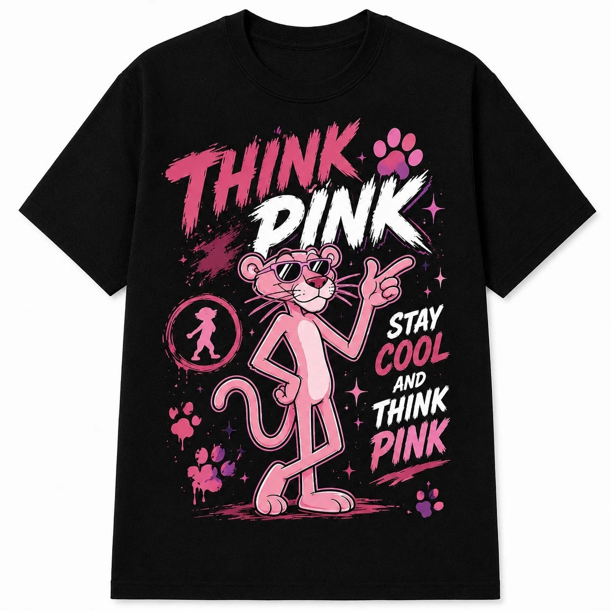 Think Pink Graphic T-Shirt - Urban Streetwear Cool Cartoon Tee Black Cotton Top