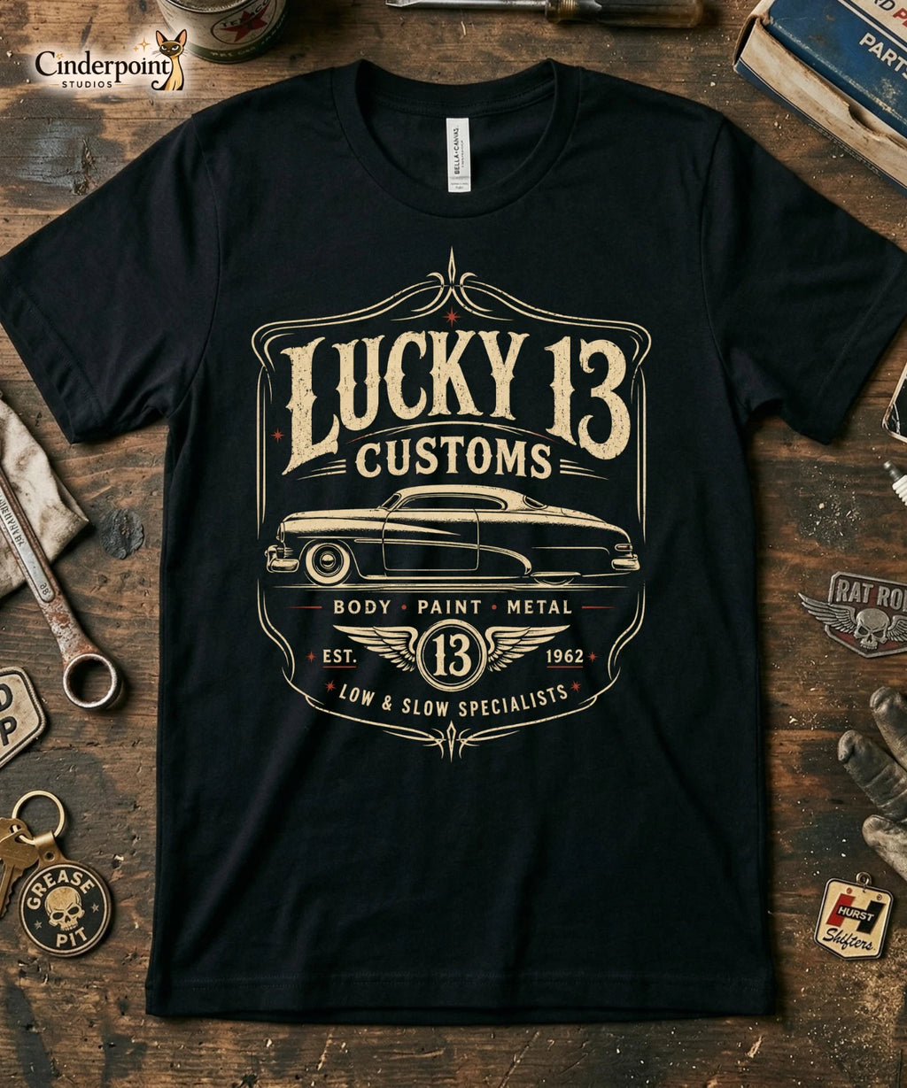 Lucky 13 Customs Shirt Lowrider Kustom Kulture Car Guy Gearhead Gift Tee XS-5XL