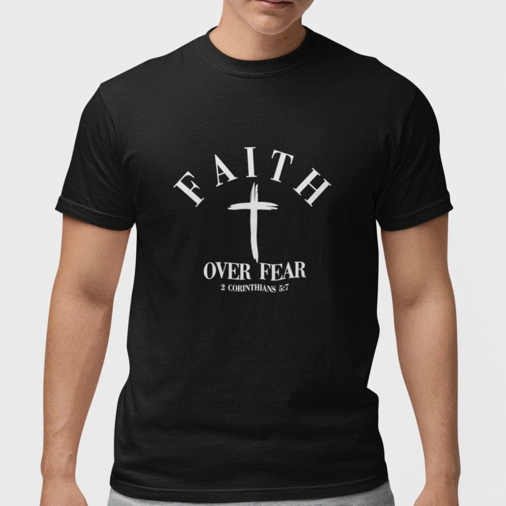 Faith Over Fear Christian T Shirt Cross Bible Verse Jesus Tee Gift Adult Cotton