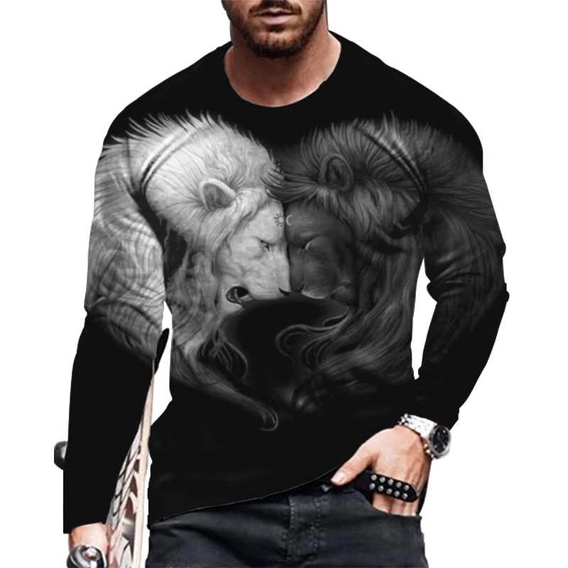 Camiseta Para Hombres Moda Gráfico Manga Corta Negro Blanco Leones Casual Camisa