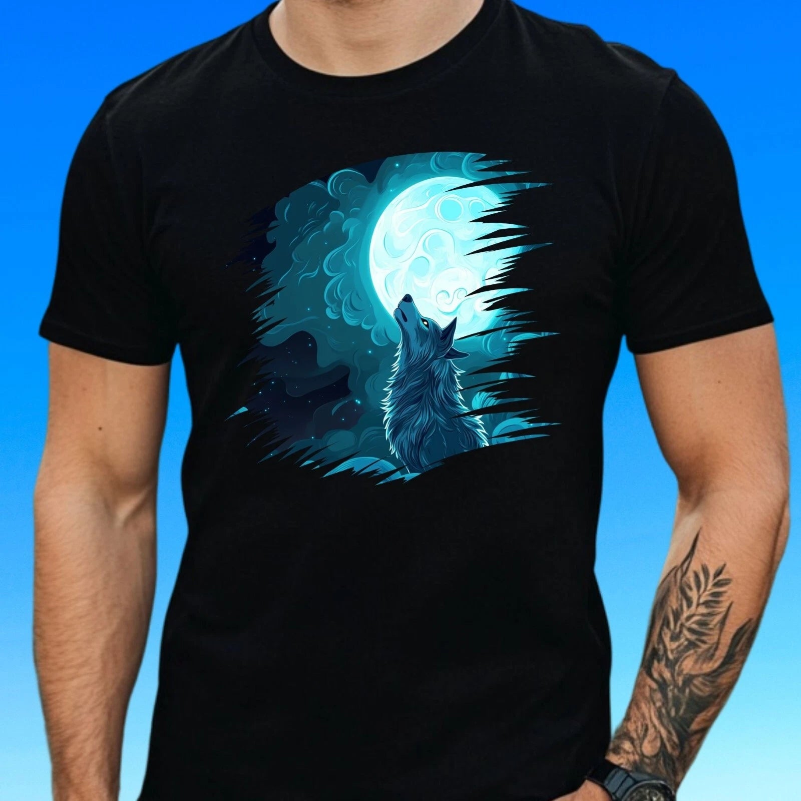 Mens Majestic Wolf Motif Cotton T-Shirt Size XS to 5XL