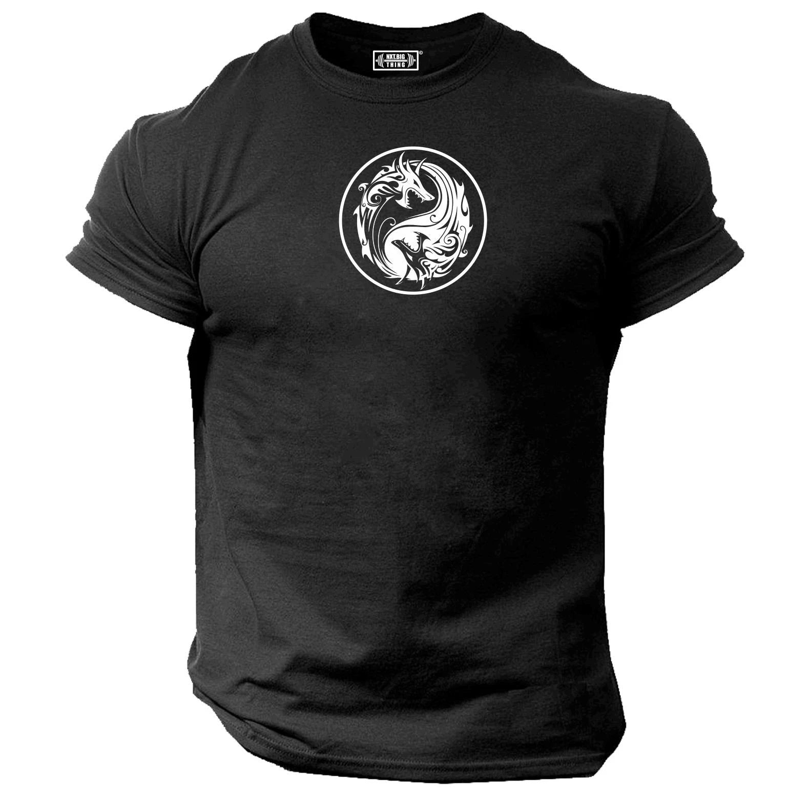 Yin Yang Dragon T Shirt Gym Clothing Bodybuilding Training Workout Exercise Top