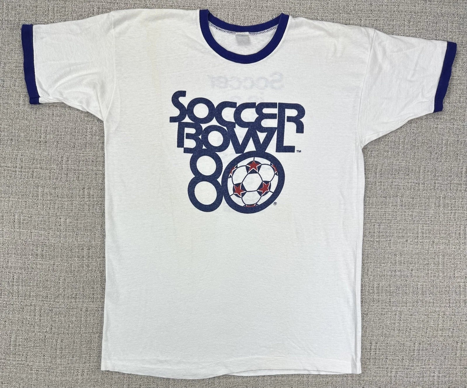 Vintage Champion Soccer Bowl 80 Shirt Sz L White Ringer NASL 1980s Double Sided