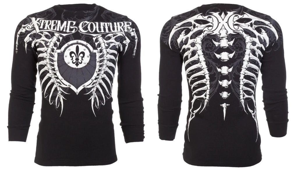 Xtreme Couture AFFLICTION Men's Long Sleeve THERMAL Shirt VERTEBRAE Biker Black