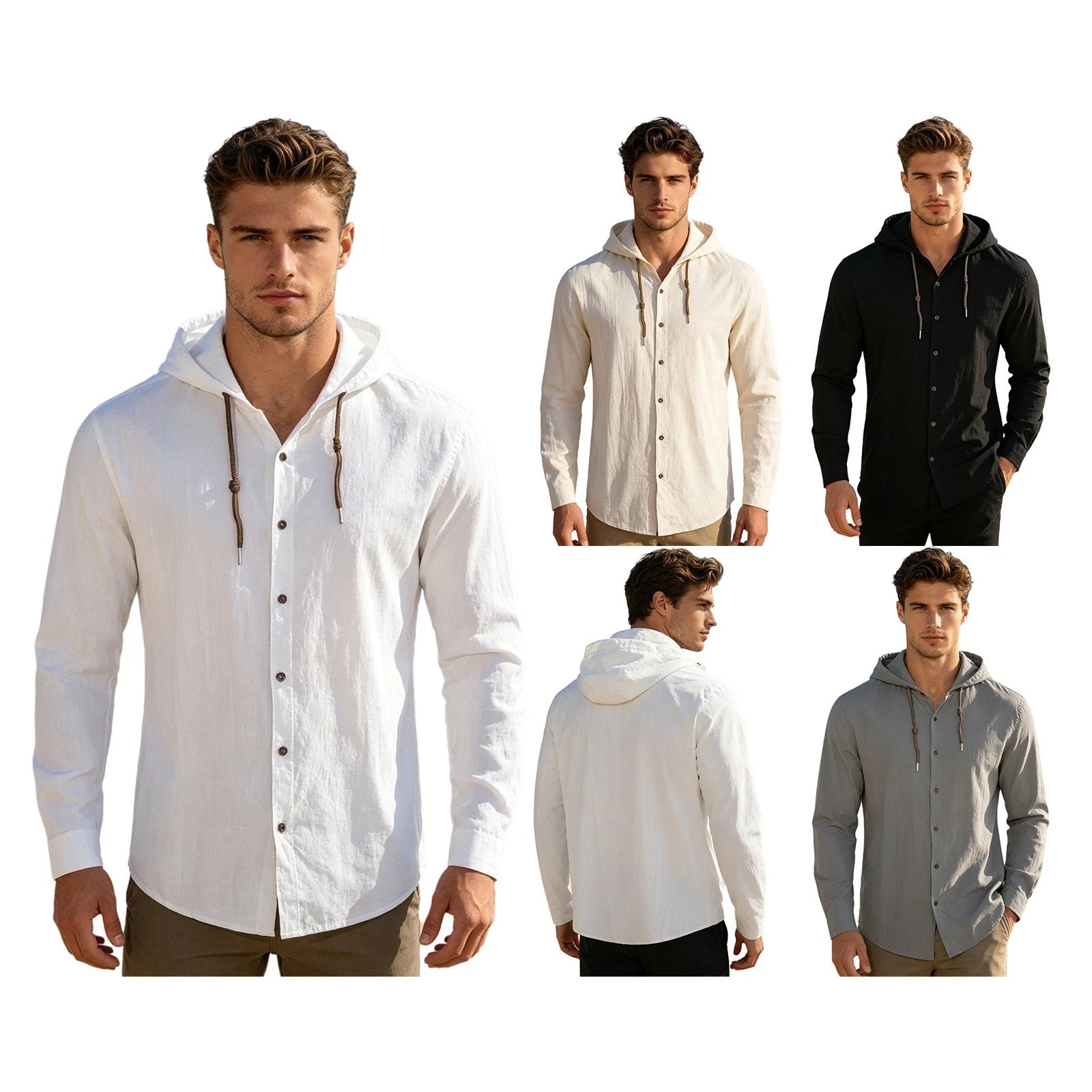 Men T-shirt Holiday Tops Button Vest Hippie Hooded Linen Sweatshirts Summer