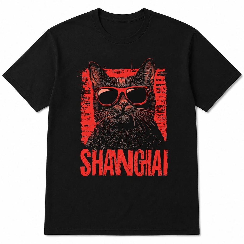 Shanghai Cool Cat T-Shirt Urban Streetwear Red Sunglasses Graphic Tee Black UK