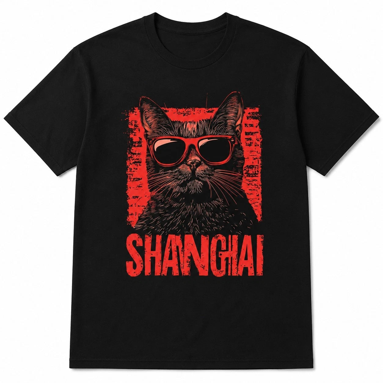 Shanghai Cool Cat T-Shirt Urban Streetwear Red Sunglasses Graphic Tee Black UK