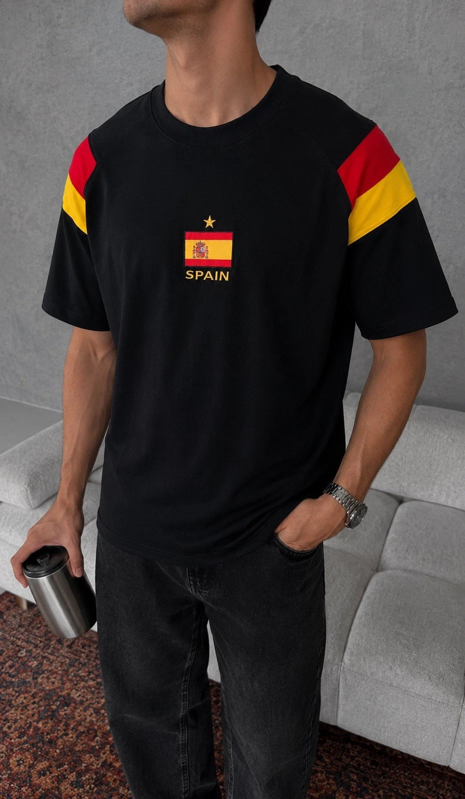 Vintage Spain Flag Embroidered Oversized Football T-Shirt,Retro Soccer Stree