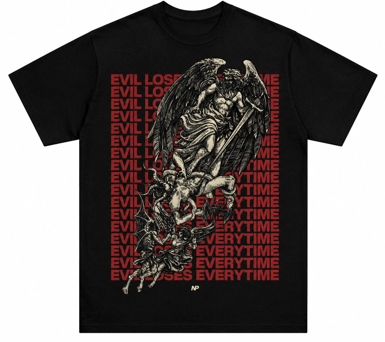 Evil Loses Everytime T-Shirt Archangel Michael Graphic Tee Streetwear Black UK