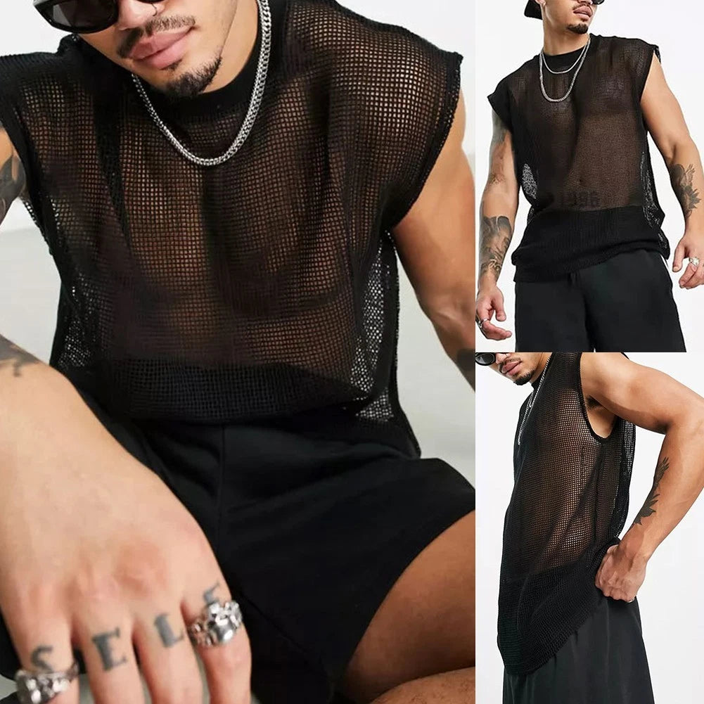 Cool Men's See Through Mesh Sleeveless Crew Neck Tank Top T Shirt Vest