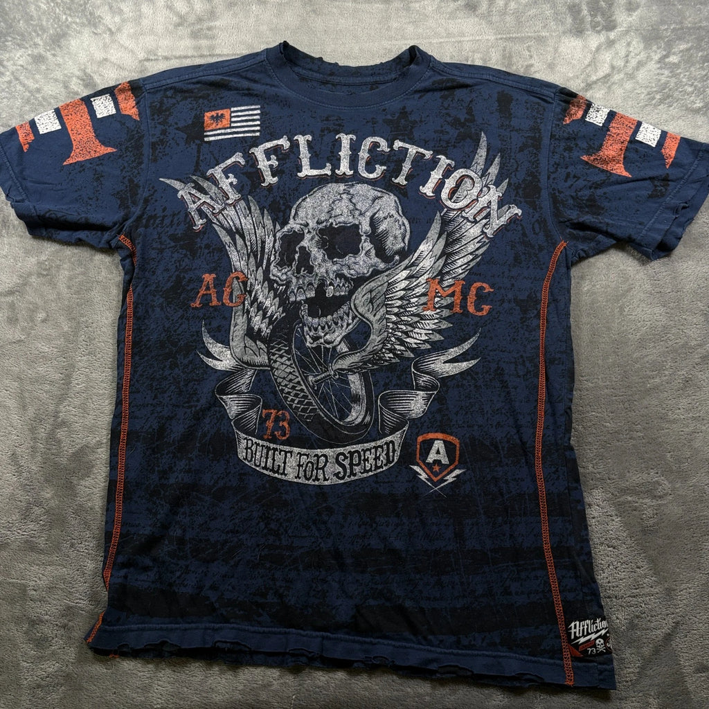 Affliction American Customs Wings Of Fury T-Shirt Mens Large Navy Blue Graphic