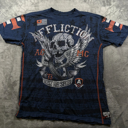 Affliction American Customs Wings Of Fury T-Shirt Mens Large Navy Blue Graphic