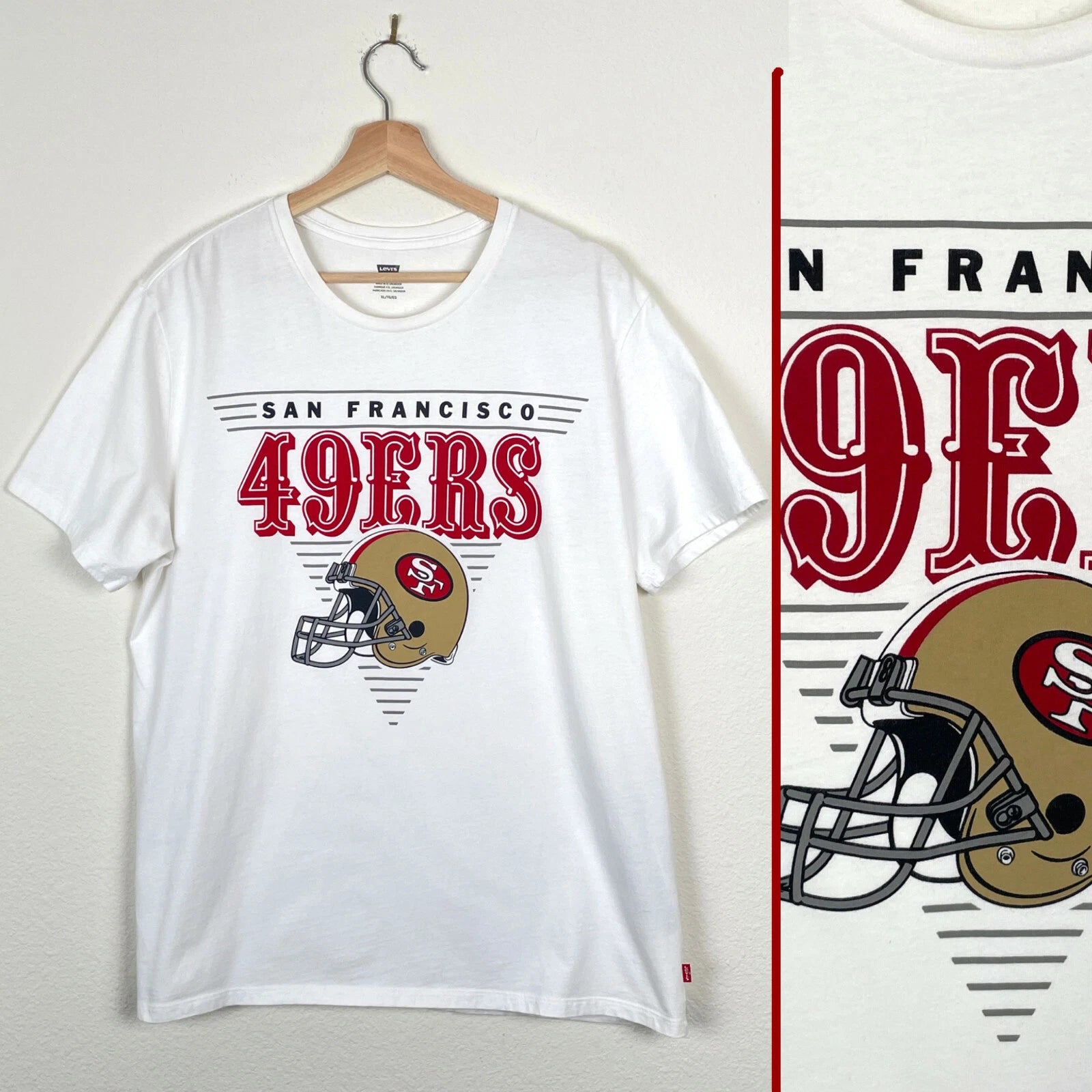 Vtg Levi's 49ers FOOTBALL T-SHIRT White Red Gold Helmet Game Souvenir Fan Shirt
